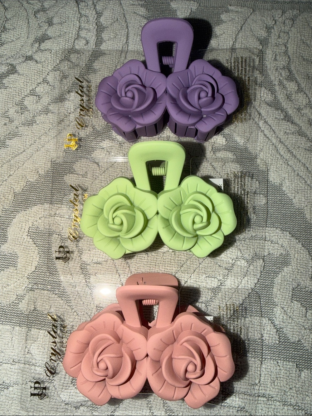 Floral Rose Hair Claw Clip Trio - Purple, Lime, Mauve